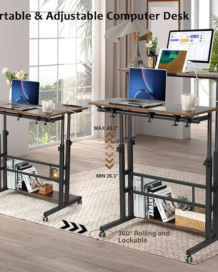 Hadulcet Mobile Standing Desk with Charging Station, Stand Up Laptop Desk Mobile Workstation for Home Office Classroom with Wheels, 31.49 x 23.6 in Rustic Brown - LeafyLoom
