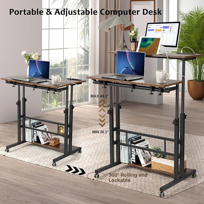 Hadulcet Mobile Standing Desk with Charging Station, Stand Up Laptop Desk Mobile Workstation for Home Office Classroom with Wheels, 31.49 x 23.6 in Rustic Brown - LeafyLoom