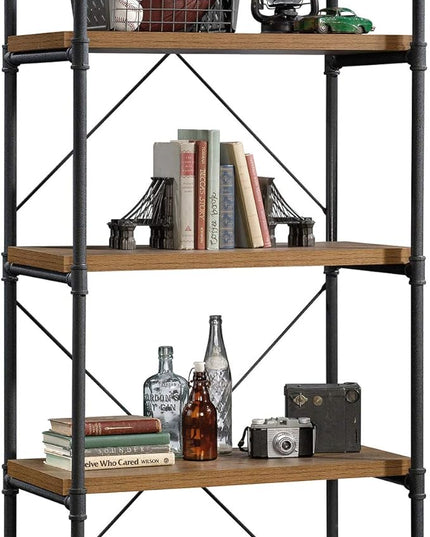 Sauder Iron City Tall Bookcase/book shelf, Checked Oak finish - LeafyLoom