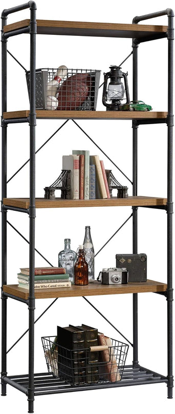 Sauder Iron City Tall Bookcase/book shelf, Checked Oak finish - LeafyLoom
