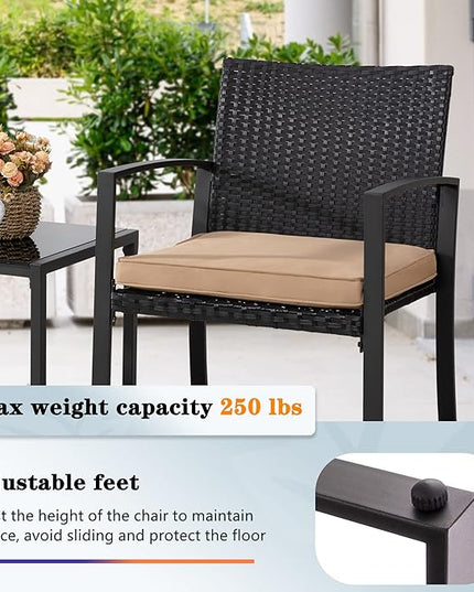 Shintenchi 3 Pieces Outdoor Patio Furniture Set, Modern Wicker Bistro Set, Conversation Rattan Chair of 2 with Coffee Table for Yard Porch Poolside Lawn(Khaki) - LeafyLoom