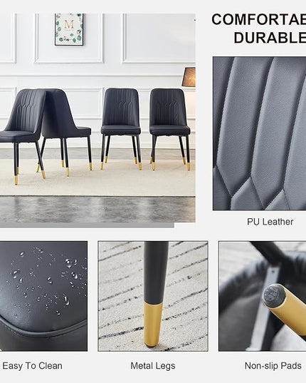 Modern Set of 4, Faux Leather Dining PU Upholstered Black Kitchen Chair Golden Metal Legs for Home Living Room, Restaurant, 4 Piece - LeafyLoom
