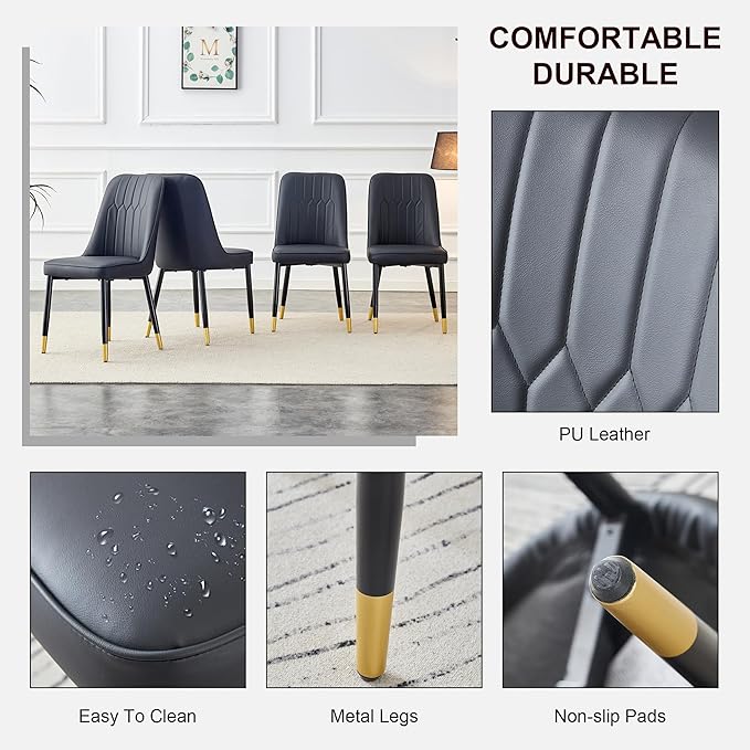 Modern Set of 4, Faux Leather Dining PU Upholstered Black Kitchen Chair Golden Metal Legs for Home Living Room, Restaurant, 4 Piece - LeafyLoom
