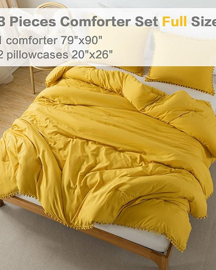 Litanika Comforter Full Size Set Mustard Yellow,3 Pieces Mustard Yellow Boho Pom Pom Lightweight Bed Comforter Full,All Season Soft Bedding Comforter Sets (1 Comforter 79x90 Inch, 2 Pillowcases) - LeafyLoom