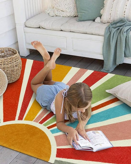 Boho Washable Rug 3'x5' Rug Kids Area Rug for Playroom, Colorful Kids Rug for Bedroom, Non-Slip Throw Sun Carpet Soft Small Sunshine Rug for Office Nursery Entryway Dorm - LeafyLoom