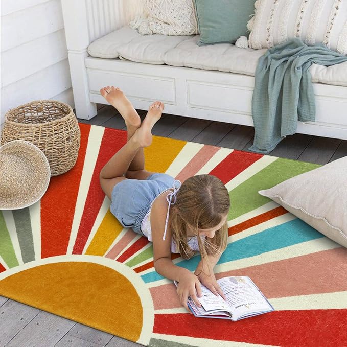 Boho Washable Rug 3'x5' Rug Kids Area Rug for Playroom, Colorful Kids Rug for Bedroom, Non-Slip Throw Sun Carpet Soft Small Sunshine Rug for Office Nursery Entryway Dorm - LeafyLoom