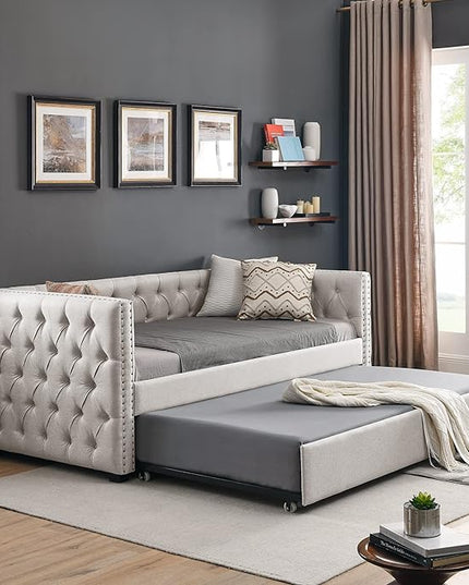 Twin Size Upholstered Daybed with Trundle, Bedroom Wooden Sofa Bed Frame w/Button Tufted and Copper Nail on Square Arms, No Spring Box Need, for Dorm, Beige (85"x42.5"x31.5") - LeafyLoom