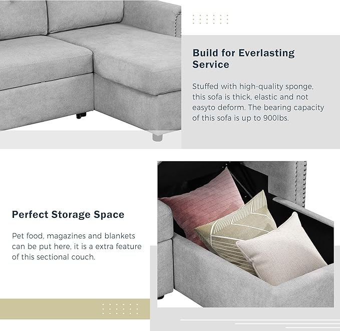 83'' L-Shape Convertible Sleeper Sectional Sofa with Storage Chaise and Pull-Out Bed, Velvet Upholstered Reversible Corner Couch w/Tufted Cushions, for Living Room, Apartment - LeafyLoom