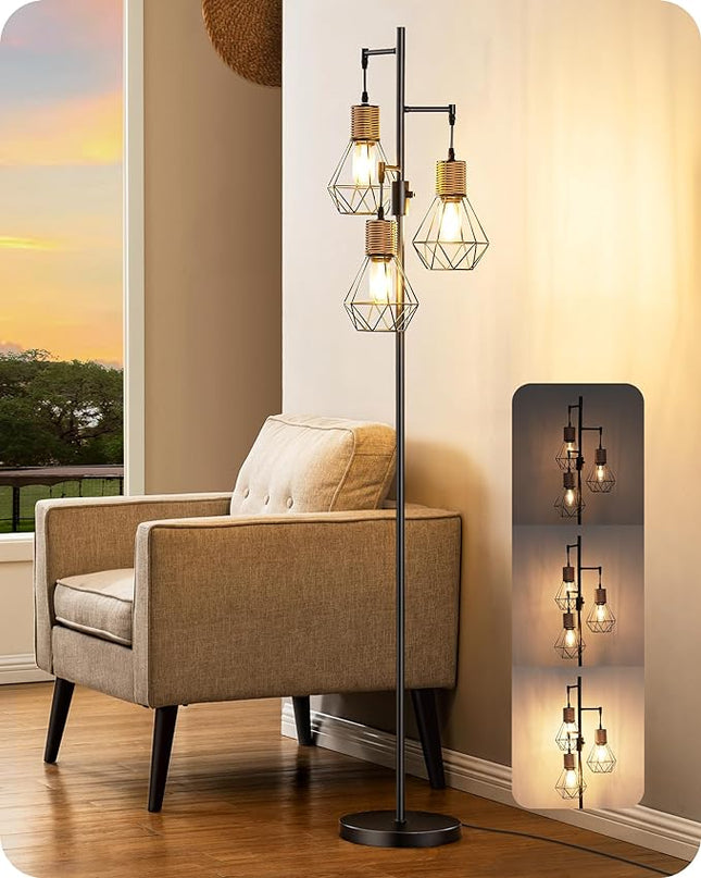 EDISHINE Dimmable Industrial Floor Lamp, Farmhouse Standing Lamp for Living Room with 3 LED Edison Bulbs, Diamond-Shaped Cage, Corner Rustic Rattan Reading Lamps for Bedroom, Office, Black - LeafyLoom