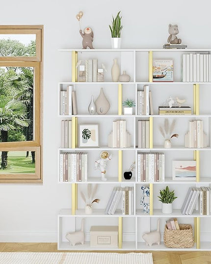 Yusong Geometric Bookcase, S Shaped Bookshelf 6-Tier Book Shelves for Bedroom, Modern Wood Decorative Display Shelf Tall Book Case for Home Office, Gold and White - LeafyLoom