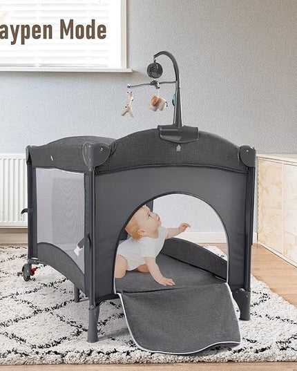 5 in 1 Baby Crib,Baby Bassinet, Bedside Cribs, Pack and Play with Bassinet and Changing Table, Portable Travel Baby Playpen with Bassinet Toys & Music Box,Mattress for Girl Boy Infant Newborn (Grey) - LeafyLoom