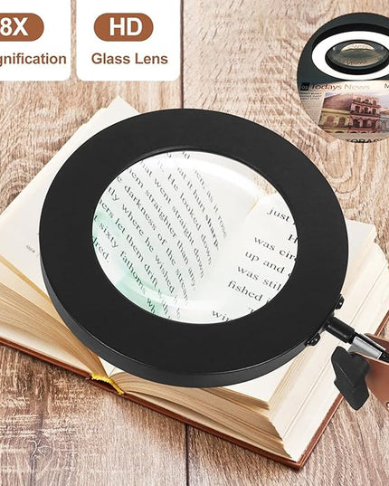 Magnifying Glass with Light, 5 Color Modes Stepless Dimmable 2-in-1 Desktop Lamp and Clamp, LED Lighted Magnifier with Light and Stand, Hands Free for Craft Repair Hobby Painting Close Work - LeafyLoom