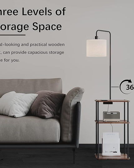 Floor Lamp with Table, Lamps for Living Room with Charging Station(USB &Type-C &AC Port), Rustic End Table Lamp with Shelves & 3-Color Temperature LED Bulb, Lamp Table for Living Room, Bedroom - LeafyLoom