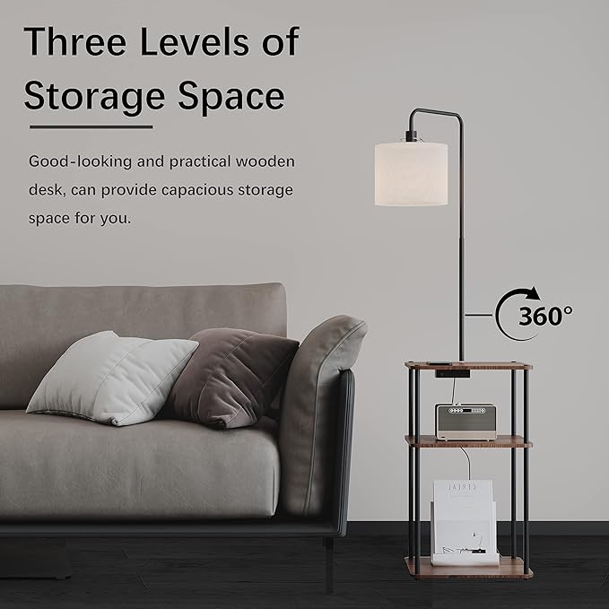 Floor Lamp with Table, Lamps for Living Room with Charging Station(USB &Type-C &AC Port), Rustic End Table Lamp with Shelves & 3-Color Temperature LED Bulb, Lamp Table for Living Room, Bedroom - LeafyLoom