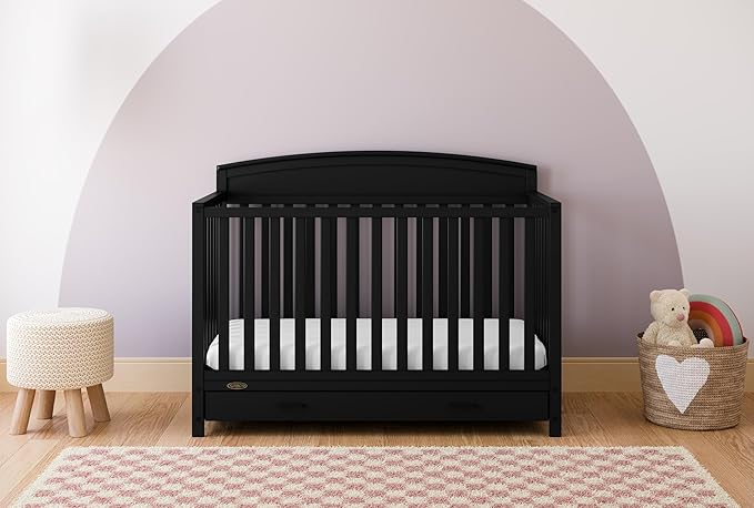 Graco Benton 5-in-1 Convertible Crib with Drawer (Black) - Converts from Baby Crib to Toddler Bed, Daybed and Full-Size Bed, Fits Standard Full-Size Crib Mattress, Adjustable Mattress Support Base - LeafyLoom