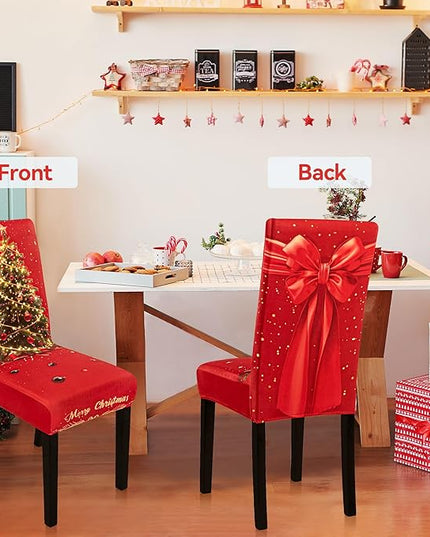 4PCS Christmas Dining Chair Covers Stretch Removable Washable Dining Room Chair Protector Slipcover 3D Print Xmas Tree Bow Tie Kitchen Chair Cover Slipcovers for Xmas Holiday Party Home Décor CZL