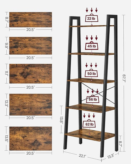 VASAGLE Ladder Shelf, 5-Tier Bookshelf, Storage Rack, Bookcase with Steel Frame, Wood Look Accent Furniture with Metal Frame, 22.1 x 13.3 x 67.7 Inches, Rustic Brown ULLS45X - LeafyLoom