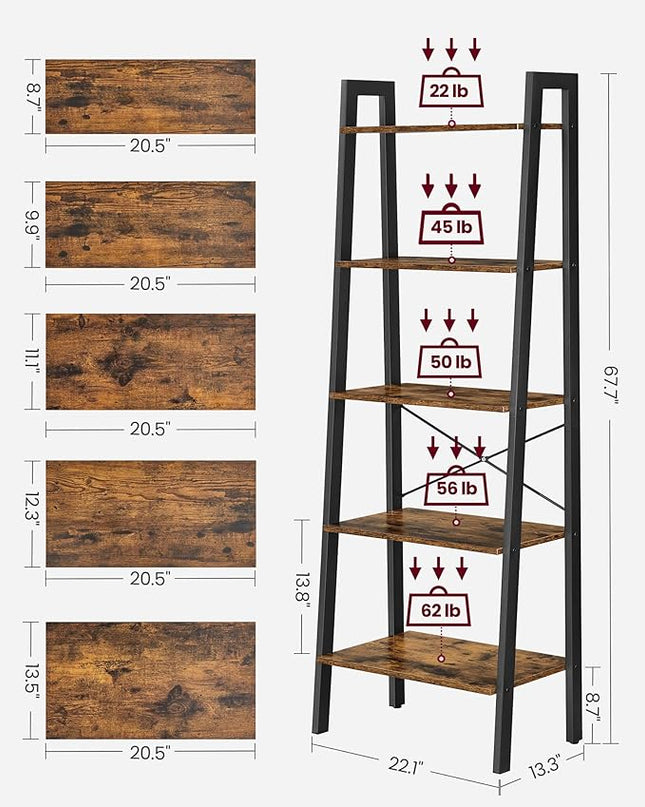 VASAGLE Ladder Shelf, 5-Tier Bookshelf, Storage Rack, Bookcase with Steel Frame, Wood Look Accent Furniture with Metal Frame, 22.1 x 13.3 x 67.7 Inches, Rustic Brown ULLS45X - LeafyLoom