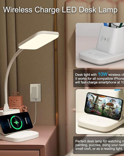 LED Desk Lamp with Wireless Charger, Sailstar White Desk Light with Pen Holder, 3 Color Modes with Stepless Dimming, CRI 85, 800 Lumen, Study Lamps for College Dorm Room, Home Office, Adapter Included - LeafyLoom