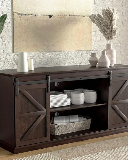 YESHOMY TV Stand for Televisions up to 65 Inchs, with Sliding Barn Doors and Storage Cabinets, Console Table and Media Furniture for Living Room, 58 Inch, Espresso - LeafyLoom
