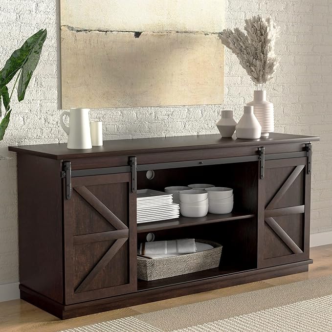 YESHOMY TV Stand for Televisions up to 65 Inchs, with Sliding Barn Doors and Storage Cabinets, Console Table and Media Furniture for Living Room, 58 Inch, Espresso - LeafyLoom