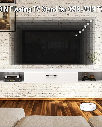 Floating TV Unit, 63'' Wall Mounted TV Cabinet, Floating Shelves with Door, Modern Entertainment Media Console Center Large Storage TV Bench for Living Room & Office (62.99IN, White) - LeafyLoom