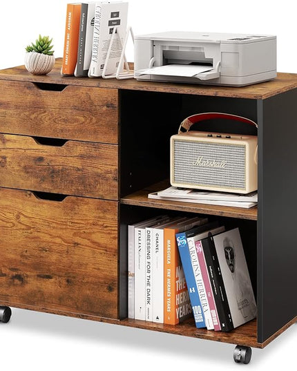 DEVAISE 3-Drawer Wood File Cabinet, Mobile Lateral Filing Cabinet, Printer Stand with Open Storage Shelves for Home Office, Rustic Brown - LeafyLoom