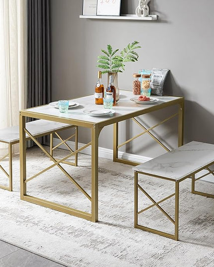 VECELO Kitchen Table with 2 Benches for 6,Wood Dining Room Dinette Sets with Metal Frame for Breakfast Nook and Small Space, 55", White&Gold - LeafyLoom