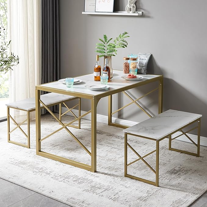 VECELO Kitchen Table with 2 Benches for 6,Wood Dining Room Dinette Sets with Metal Frame for Breakfast Nook and Small Space, 55", White&Gold - LeafyLoom