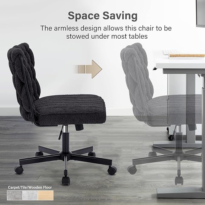 Criss Cross Legged Office Desk Chair with Wheels, Modern Armless Desk Chair with Wide Seat, Home Office Chair for Work, Meditation, Vanity, Black - LeafyLoom