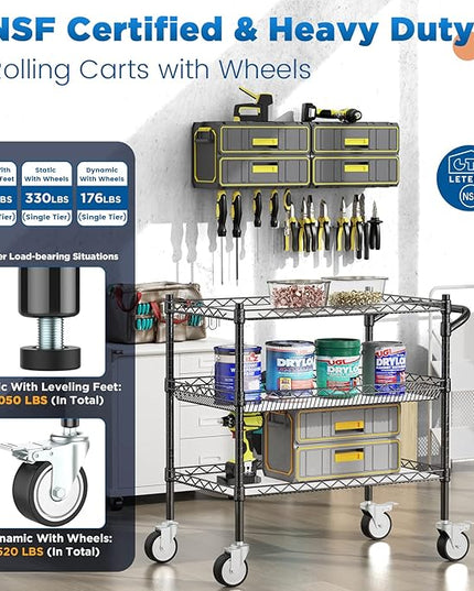 3 Tier Rolling Carts with Wheels,990Lbs Heavy Duty Rolling Utility Cart,NSF Commercial Grade Metal Cart with Handle&Shelf Liner,Trolley Serving Cart for Kitchen,Restaurant,Plant Display,Black - LeafyLoom