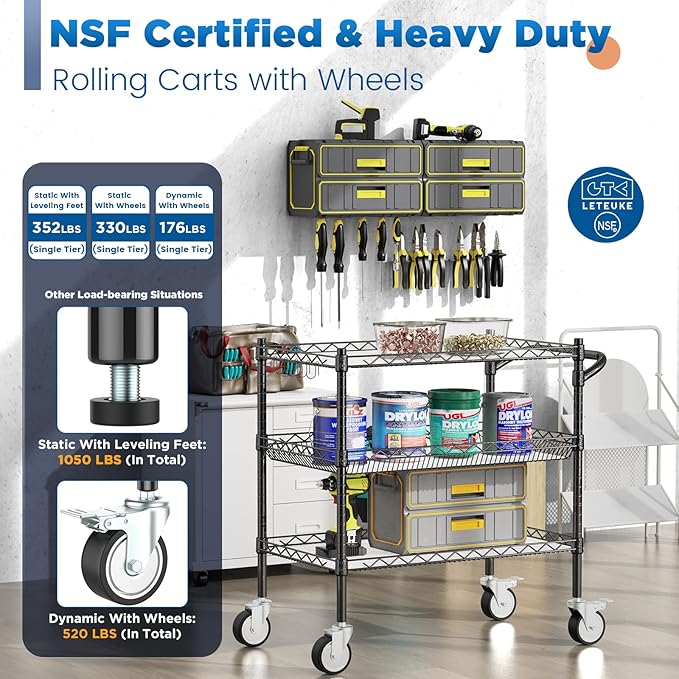 3 Tier Rolling Carts with Wheels,990Lbs Heavy Duty Rolling Utility Cart,NSF Commercial Grade Metal Cart with Handle&Shelf Liner,Trolley Serving Cart for Kitchen,Restaurant,Plant Display,Black - LeafyLoom
