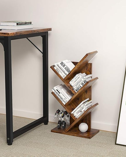 Topfurny Tree Bookshelf, 4-Tier Book Storage Organizer Shelves Floor Standing Bookcase, Wood Storage Rack for Office Home School Shelf Display for Cd/Magazine/Book - Rustic Brown - LeafyLoom