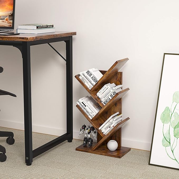 Topfurny Tree Bookshelf, 4-Tier Book Storage Organizer Shelves Floor Standing Bookcase, Wood Storage Rack for Office Home School Shelf Display for Cd/Magazine/Book - Rustic Brown - LeafyLoom