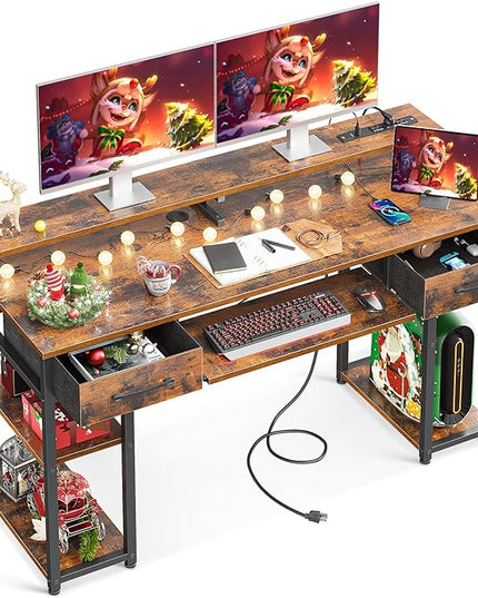 ODK Computer Desk with Drawers & Power Outlet, 55 Inch Office Desk with Keyboard Tray & Storage Shelves & PC Stand, Office Table Work Desk with Monitor Stand, Rustic Brown - LeafyLoom