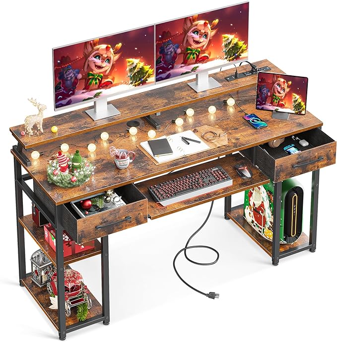 ODK Computer Desk with Drawers & Power Outlet, 55 Inch Office Desk with Keyboard Tray & Storage Shelves & PC Stand, Office Table Work Desk with Monitor Stand, Rustic Brown - LeafyLoom