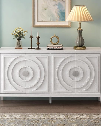 Retro Sideboard with Circular Groove Design Round Metal Door Handle,Wooden Buffet Cabinet,W/Adjustable Shelves & Open Countertop,for Entrance Living Dinning Room,White, 60" - LeafyLoom