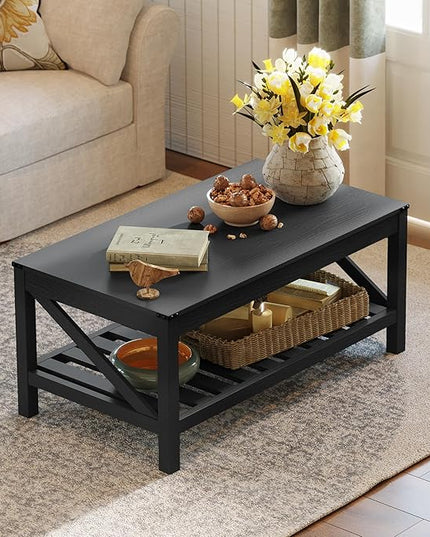 Farmhouse Coffee Table with 2-Tier Shelves - Rectangular Coffee Table with Storage for Living Room, Wood Coffee Table with Sturdy Frame, Black - LeafyLoom