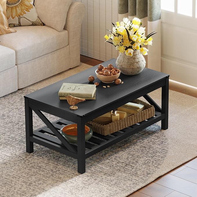 Farmhouse Coffee Table with 2-Tier Shelves - Rectangular Coffee Table with Storage for Living Room, Wood Coffee Table with Sturdy Frame, Black - LeafyLoom