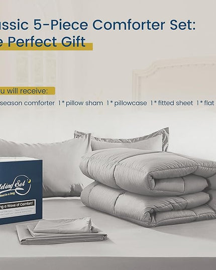Twin Bed in a Bag 5 Pieces Comforter Set Twin, Wood Grain Texture Bedding Comforter Set Light Grey Bed Set with Comforter, Pillowcase, Flat Sheet, Fitted Sheet and Pillow Sham - LeafyLoom