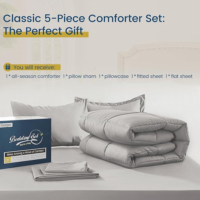 Twin Bed in a Bag 5 Pieces Comforter Set Twin, Wood Grain Texture Bedding Comforter Set Light Grey Bed Set with Comforter, Pillowcase, Flat Sheet, Fitted Sheet and Pillow Sham - LeafyLoom