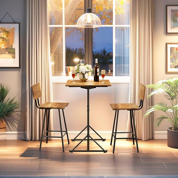 VECELO 3-Piece bar table bistro of 2 breakfast nook kitchen for pub small dining height high top with stools sofa square island indoor corner chair dinette space counter sets cafe outdoor, Brown - LeafyLoom