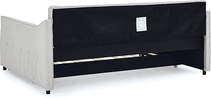 Full Size Daybed with win Size Trundle, Upholstered Tufted Day Bed, with Button Back and Waved Shape Arms, Wood Slat Support, No Spring Box Need, for Bedroom, Livingroom, Beige - LeafyLoom