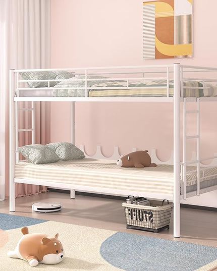 VECELO Metal Loft Bed Twin Size with Desk Industrial Bunkbeds with Ladder and Full-Length Guardrail, Noise Free, No Box Spring Needed, White - LeafyLoom