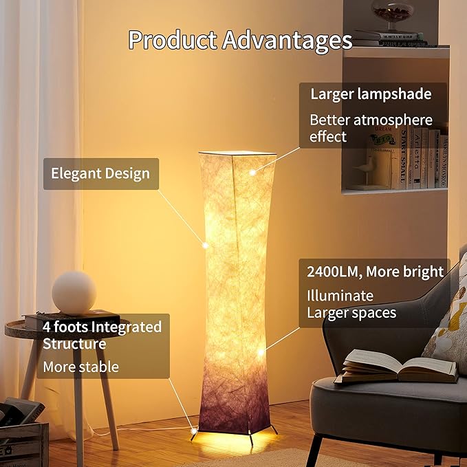 chiphy Floor Lamp, 39" Tall Standing Lamp, 3 Levels Adjustable Brightness LED Bulbs, Column Floor Light, Purple Gradient Fabric Lampshade, Home Decor for Living Room, Bedroom, Kids Room - LeafyLoom