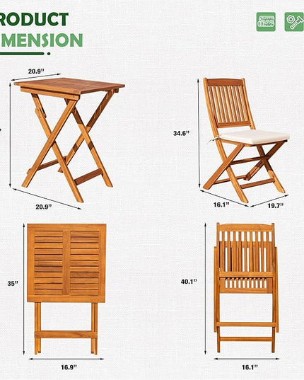 Greesum 3 Piece Patio Folding Furniture Bistro Set with 2 Chairs and Square Table for Pool Beach Backyard Balcony Porch Deck Garden, Acacia Wood - LeafyLoom