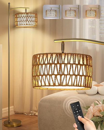 Rattan Floor Lamps for Living Room, Gold Arc Floor Lamp Dimmable with Rattan& Linen Double Shades, Boho Standing Lamp with Remote Control, Tall Lamp for Bedroom, Office - LeafyLoom