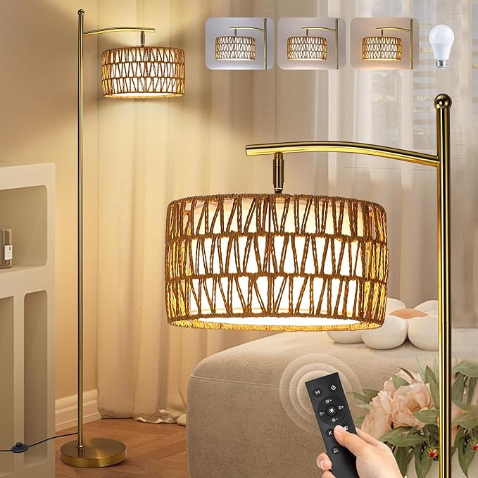 Rattan Floor Lamps for Living Room, Gold Arc Floor Lamp Dimmable with Rattan& Linen Double Shades, Boho Standing Lamp with Remote Control, Tall Lamp for Bedroom, Office - LeafyLoom
