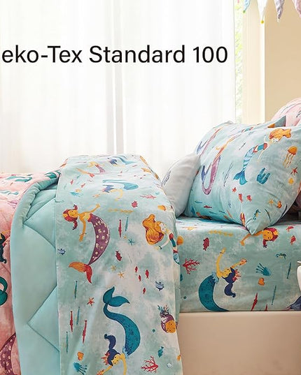 Twin Size Mermaid Kids Bedding Set for Girls, 7 Pieces Super Soft Lightweight Microfiber Comforter Set with Sheets, Bed in a Bag, Durable Children Bed Set - LeafyLoom
