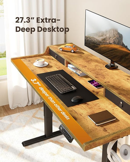 ErGear Electric Standing Desk with Drawers, 55″ x 28″ Gaming Desk with Monitor Stand, C-Clamp Mount Compatible, Home Office Height-Adjustable Desk with Storage Shelf, 4 Preset Heights, Vintage Brown - LeafyLoom
